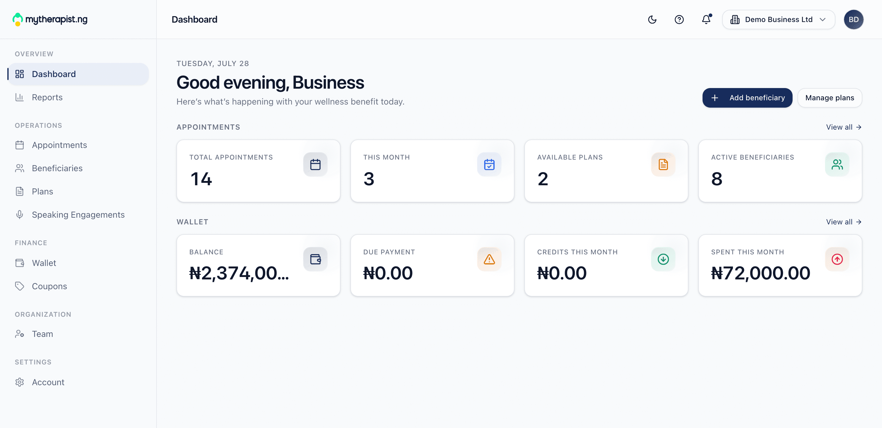 Mytherapist.ng corporate dashboard showing appointment counts, active beneficiaries and wallet balance for an employer