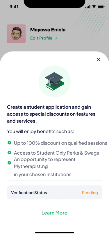 Student application screen showing discount benefits on MyTherapist.ng app
